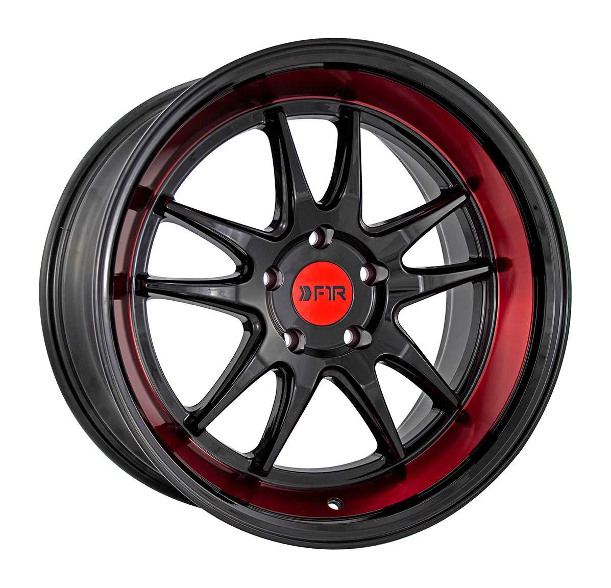 F1R, F1R F102 Felgen (18x8.5 5x100 38ET) Schwarz glänzend mit roter Lippe