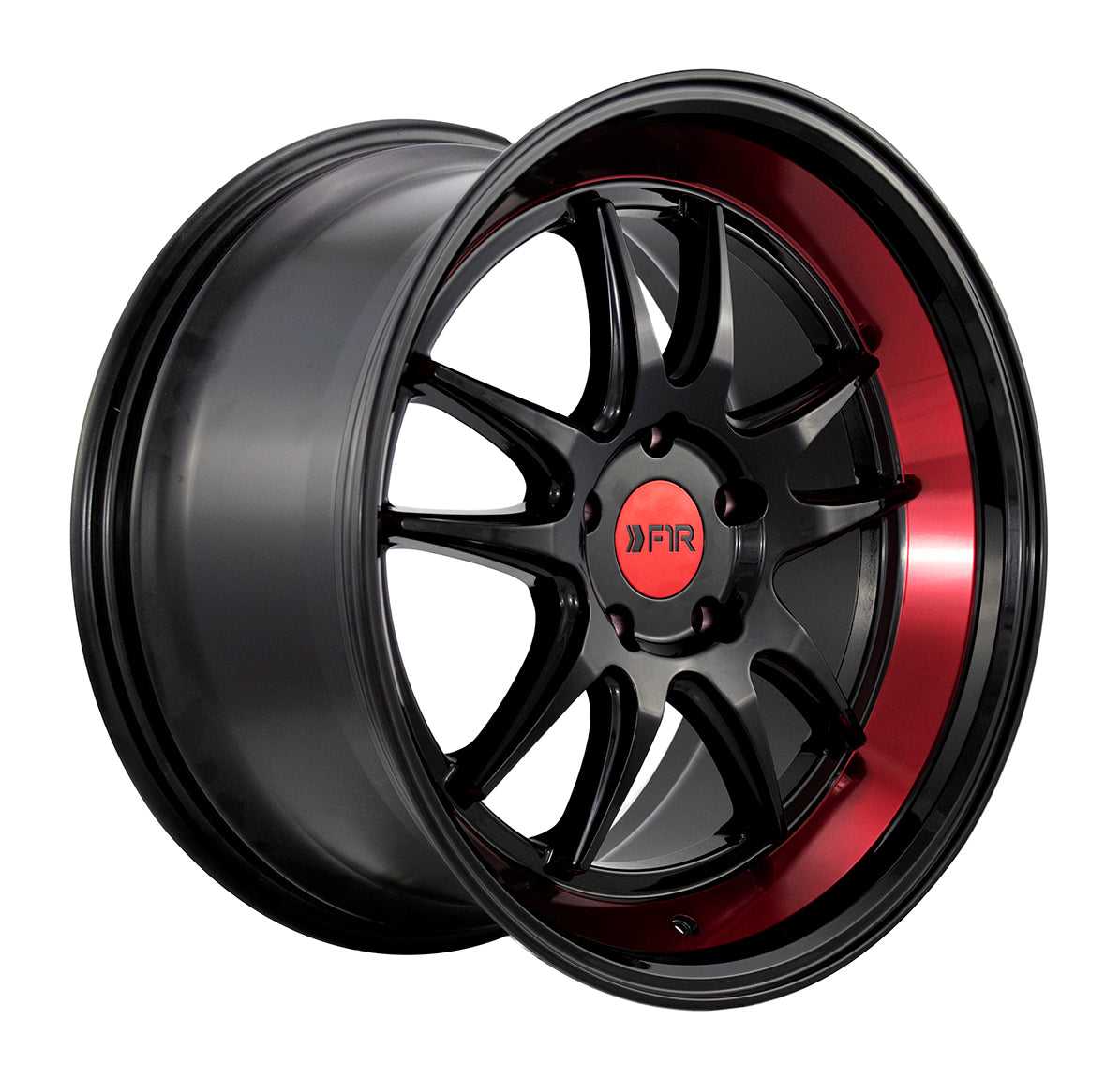 F1R, F1R F102 Felgen (18x8.5 5x100 38ET) Schwarz glänzend mit roter Lippe